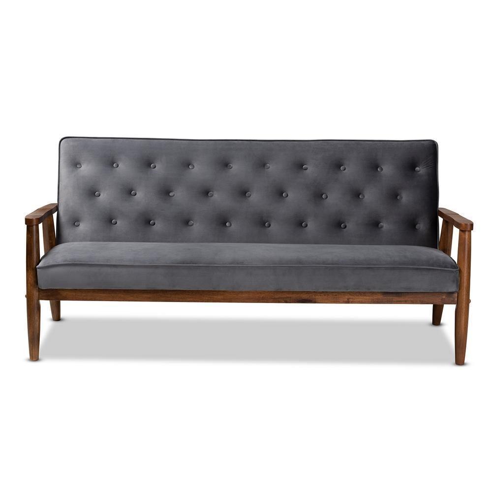 Sorrento Mid-century Modern Grey Velvet Fabric Upholstered Walnut Finished Wooden 3-seater Sofa FredCo