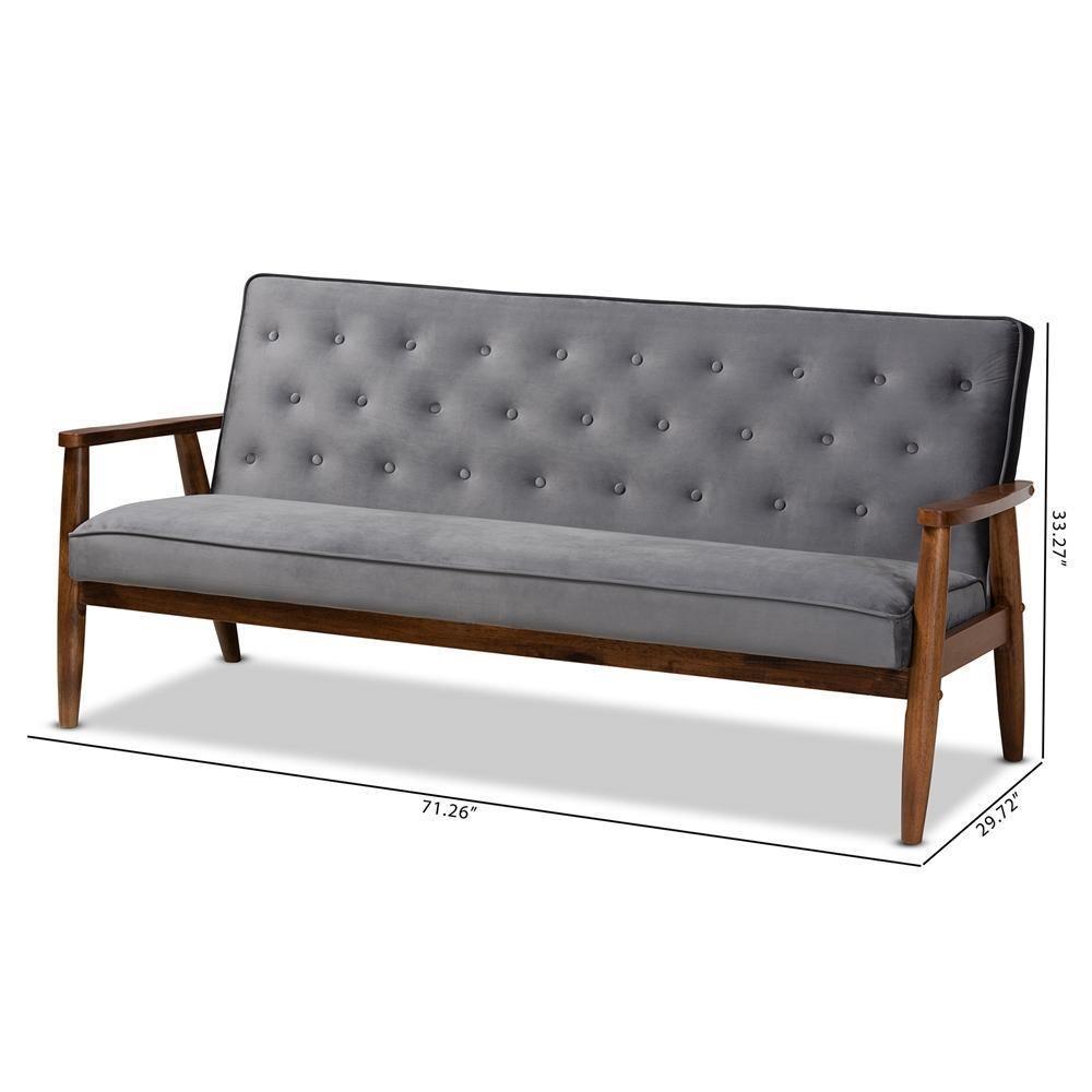 Sorrento Mid-century Modern Grey Velvet Fabric Upholstered Walnut Finished Wooden 3-seater Sofa FredCo