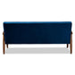 Sorrento Mid-century Modern Navy Blue Velvet Fabric Upholstered Walnut Finished Wooden 3-seater Sofa FredCo