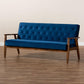 Sorrento Mid-century Modern Navy Blue Velvet Fabric Upholstered Walnut Finished Wooden 3-seater Sofa FredCo