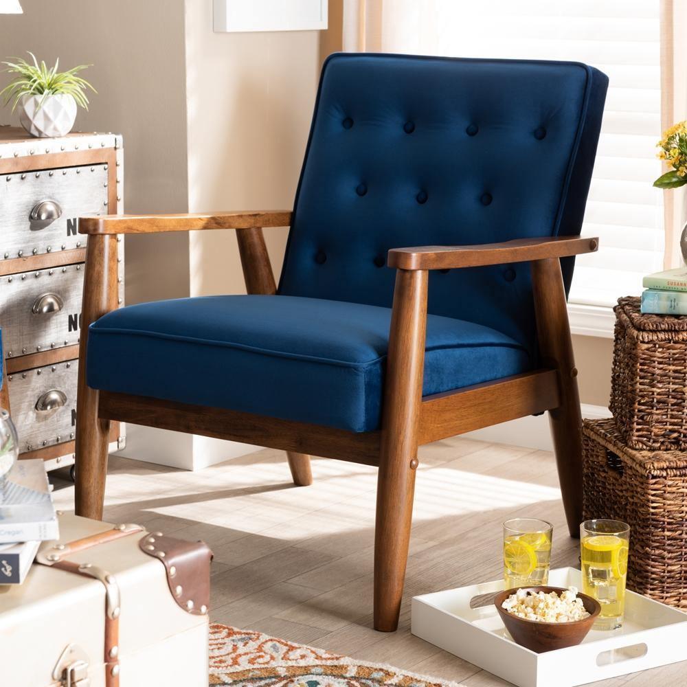 Sorrento Mid-century Modern Navy Blue Velvet Fabric Upholstered Walnut Finished Wooden Lounge Chair FredCo