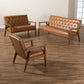 Sorrento Mid-Century Modern Tan Faux Leather Upholstered and Walnut Brown Finished Wood 3-Piece Living Room Set FredCo