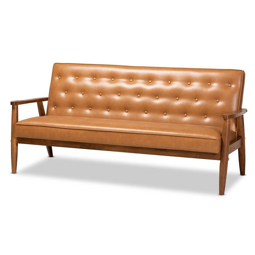 Sorrento Mid-Century Modern Tan Faux Leather Upholstered and Walnut Brown Finished Wood 3-Piece Living Room Set FredCo