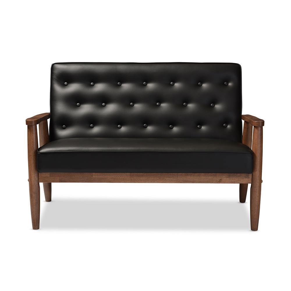 Sorrento Mid-century Retro Modern Black Faux Leather Upholstered Wooden 2-seater Loveseat FredCo