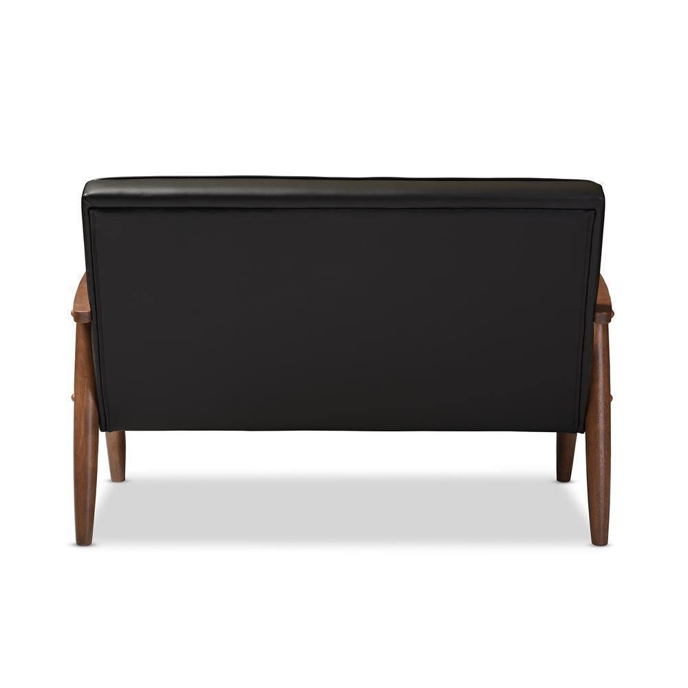 Sorrento Mid-century Retro Modern Black Faux Leather Upholstered Wooden 2-seater Loveseat FredCo
