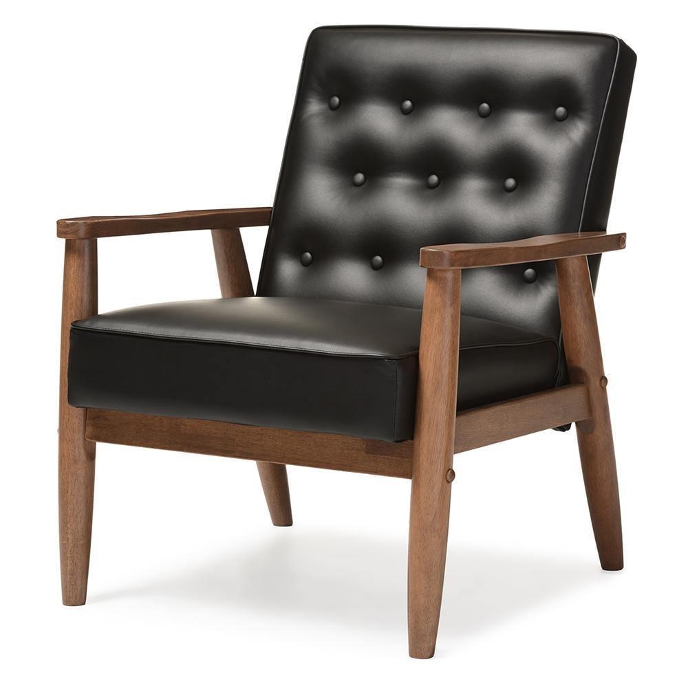 Sorrento Mid-century Retro Modern Black Faux Leather Upholstered Wooden Lounge Chair FredCo