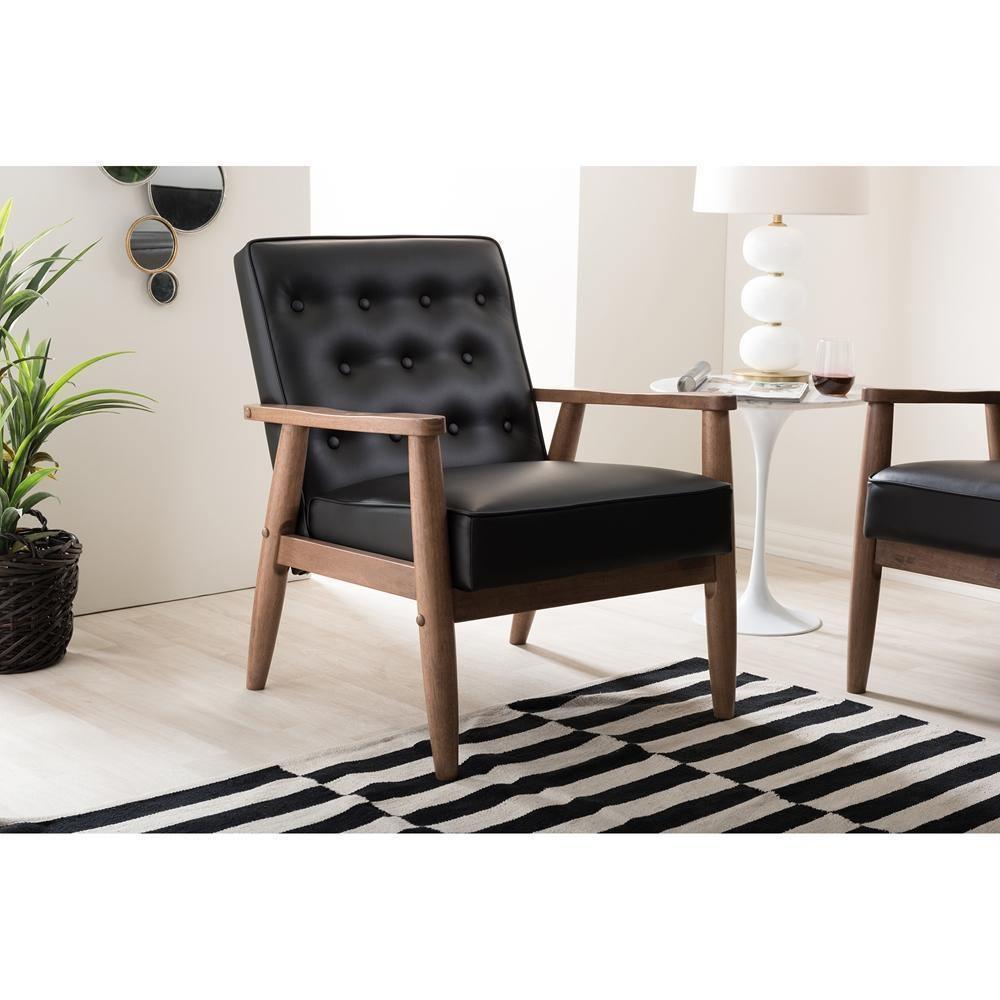 Sorrento Mid-century Retro Modern Black Faux Leather Upholstered Wooden Lounge Chair FredCo
