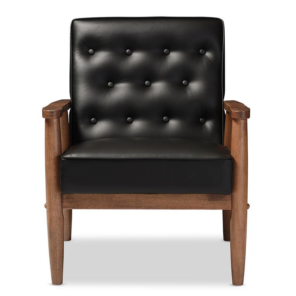 Sorrento Mid-century Retro Modern Black Faux Leather Upholstered Wooden Lounge Chair FredCo
