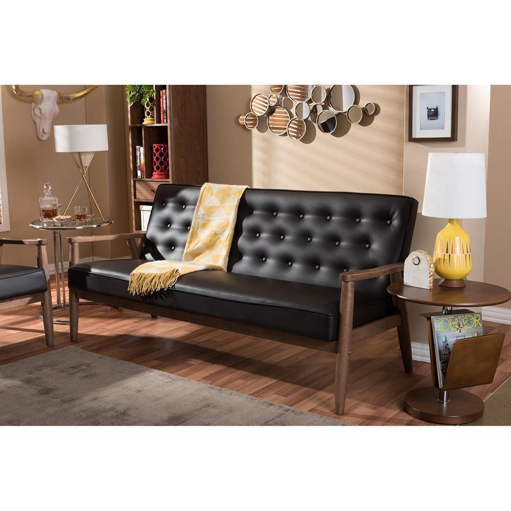 Sorrento Mid-century Retro Modern Brown Faux Leather Upholstered Wooden 3-seater Sofa FredCo