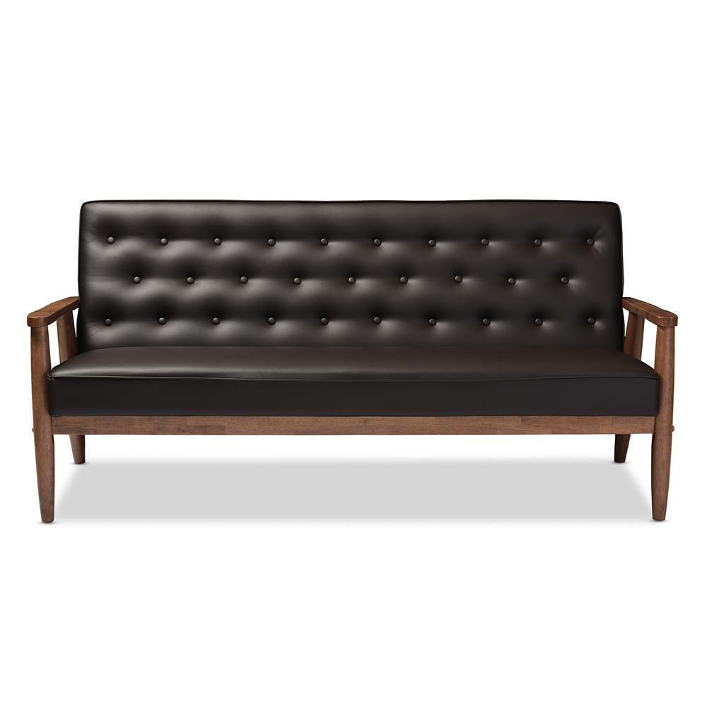 Sorrento Mid-century Retro Modern Brown Faux Leather Upholstered Wooden 3-seater Sofa FredCo
