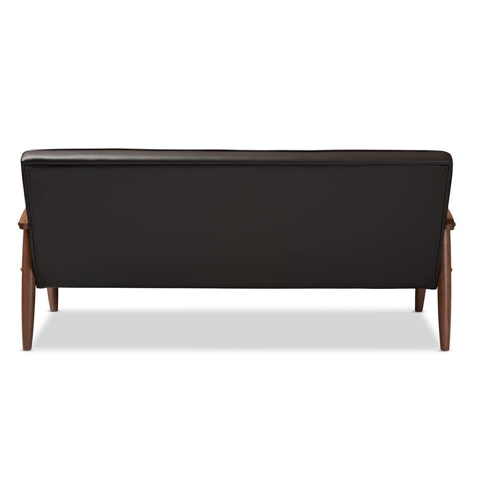 Sorrento Mid-century Retro Modern Brown Faux Leather Upholstered Wooden 3-seater Sofa FredCo