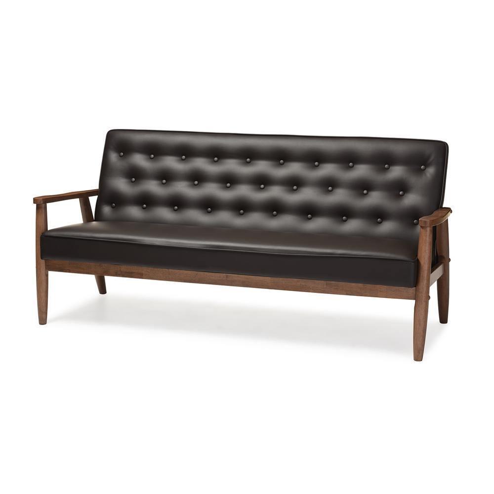 Sorrento Mid-century Retro Modern Brown Faux Leather Upholstered Wooden 3-seater Sofa FredCo