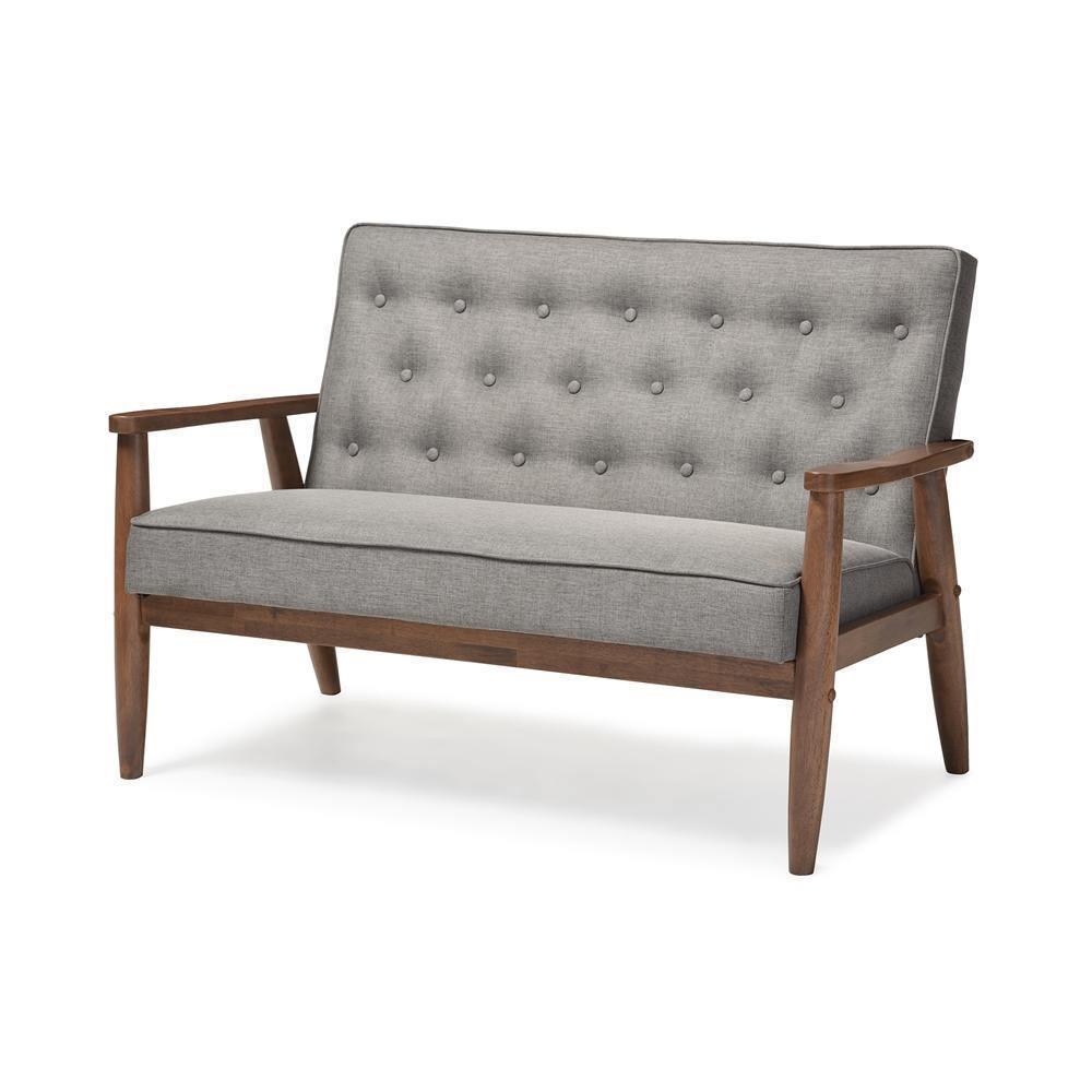 Sorrento Mid-century Retro Modern Grey Fabric Upholstered Wooden 2-seater Loveseat FredCo