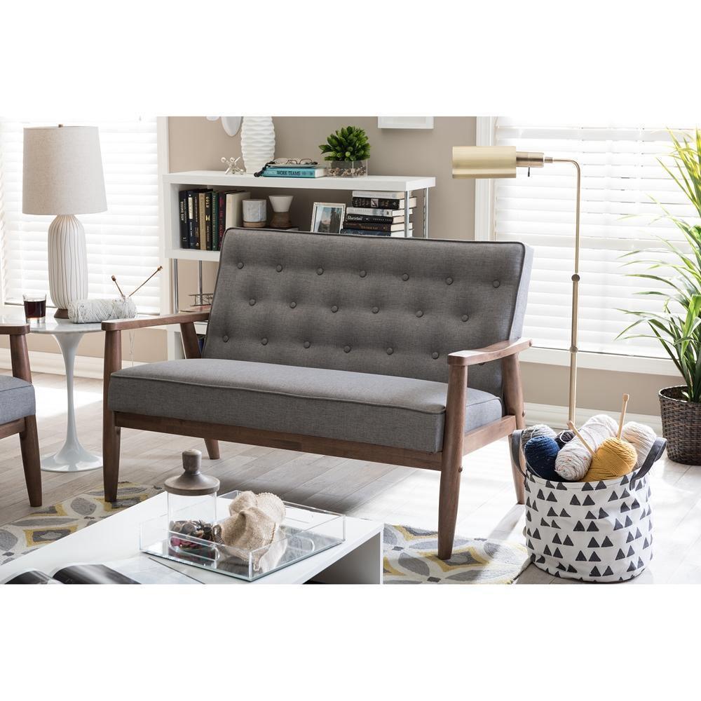 Sorrento Mid-century Retro Modern Grey Fabric Upholstered Wooden 2-seater Loveseat FredCo