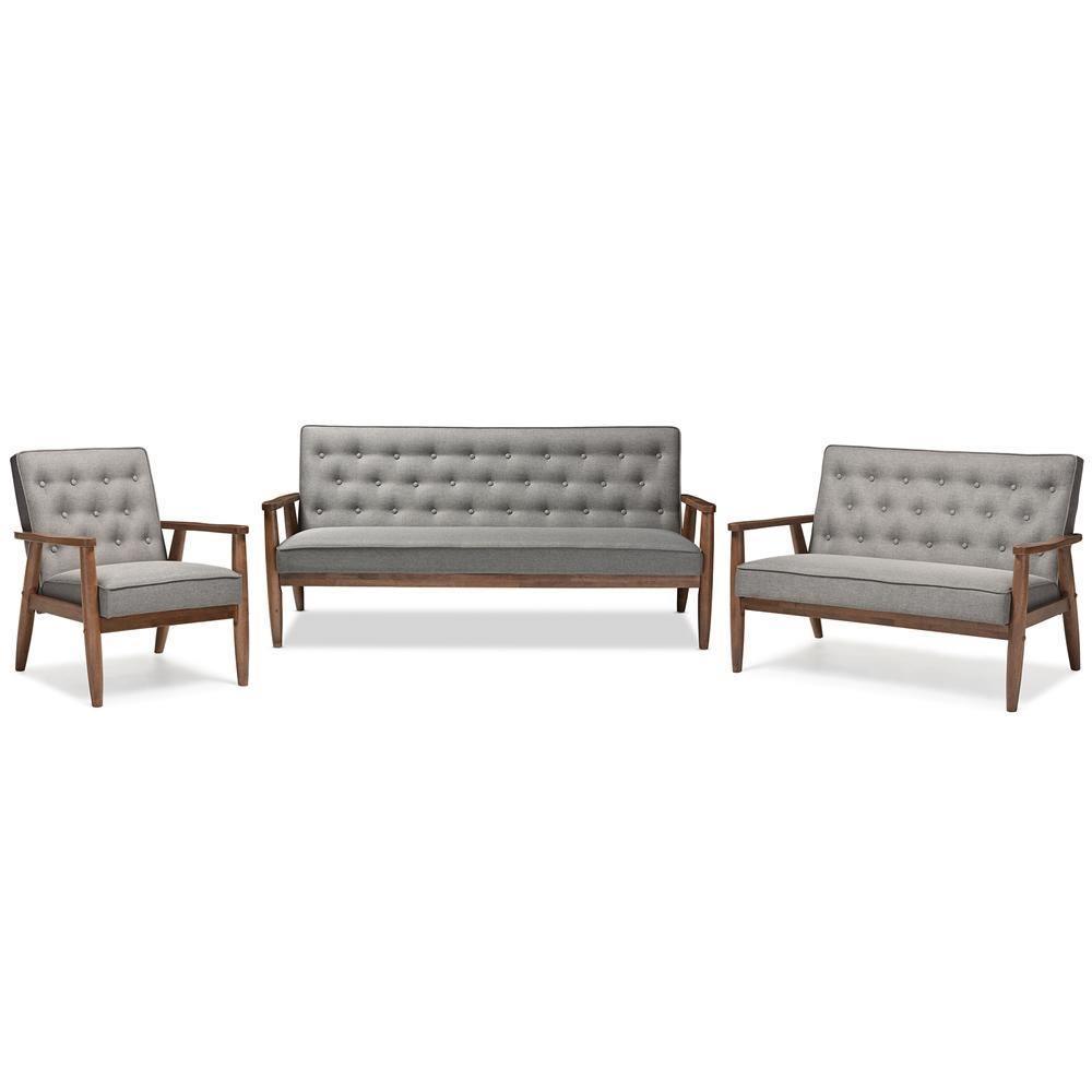 Sorrento Mid-century Retro Modern Grey Fabric Upholstered Wooden 3 Piece Living room Set FredCo