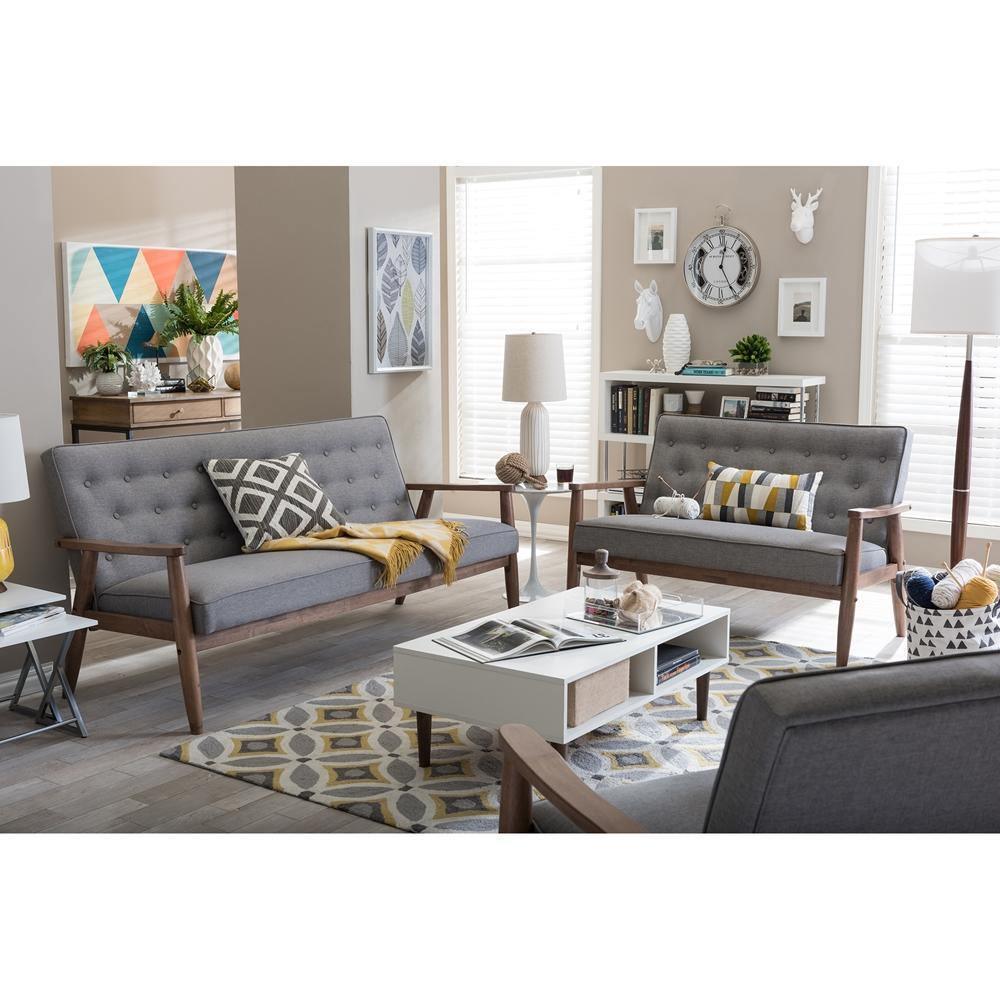 Sorrento Mid-century Retro Modern Grey Fabric Upholstered Wooden 3 Piece Living room Set FredCo