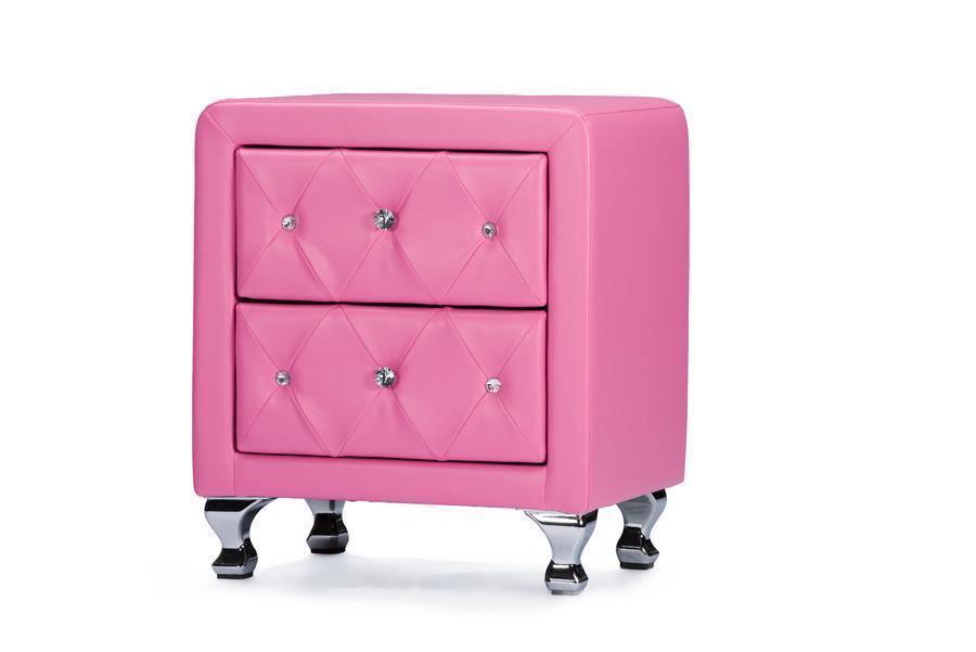 Stella Crystal Tufted Pink Leather Modern Nightstand FredCo