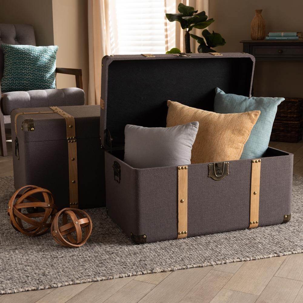Stephen Modern and Contemporary Transitional Dark Brown Fabric Upholstered and Oak Brown Finished 2-Piece Storage Trunk Set FredCo