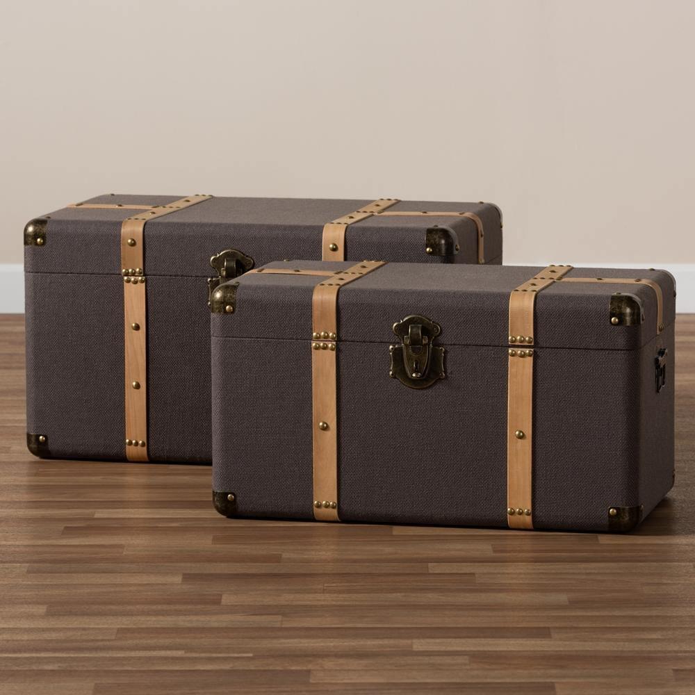 Stephen Modern and Contemporary Transitional Dark Brown Fabric Upholstered and Oak Brown Finished 2-Piece Storage Trunk Set FredCo