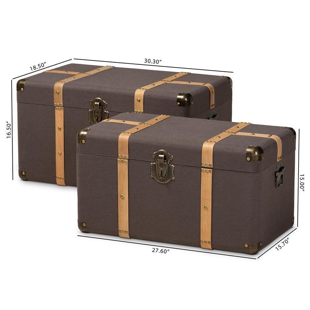 Stephen Modern and Contemporary Transitional Dark Brown Fabric Upholstered and Oak Brown Finished 2-Piece Storage Trunk Set FredCo