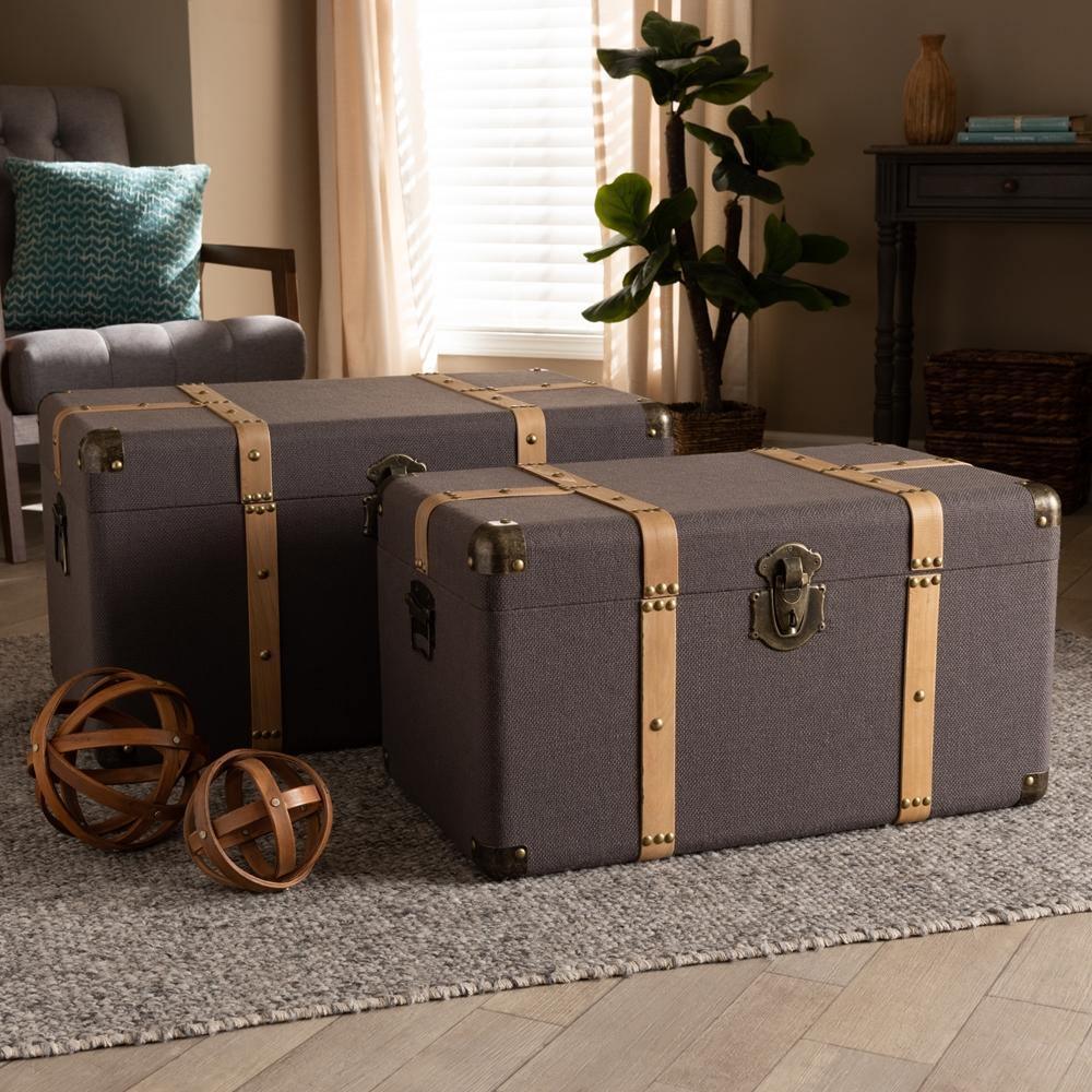 Stephen Modern and Contemporary Transitional Dark Brown Fabric Upholstered and Oak Brown Finished 2-Piece Storage Trunk Set FredCo