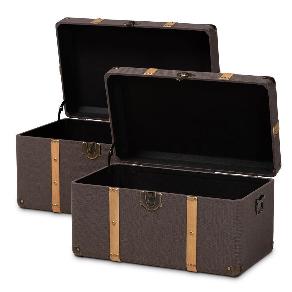 Stephen Modern and Contemporary Transitional Dark Brown Fabric Upholstered and Oak Brown Finished 2-Piece Storage Trunk Set FredCo