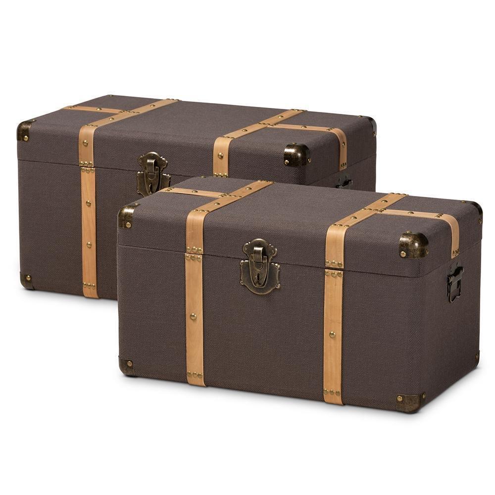 Stephen Modern and Contemporary Transitional Dark Brown Fabric Upholstered and Oak Brown Finished 2-Piece Storage Trunk Set FredCo