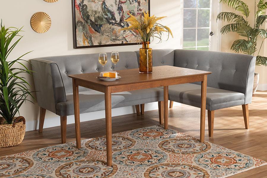 Stewart Mid-Century Modern Grey Velvet Upholstered and Walnut Brown Finished Wood 3-Piece Dining Nook Set FredCo