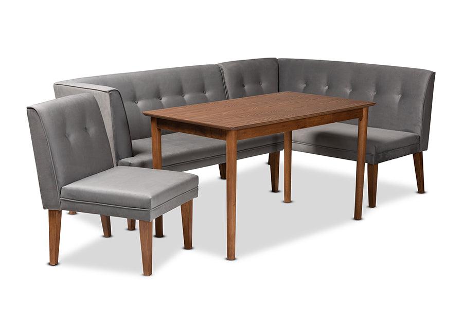 Stewart Mid-Century Modern Grey Velvet Upholstered and Walnut Brown Finished Wood 4-Piece Dining Nook Set FredCo
