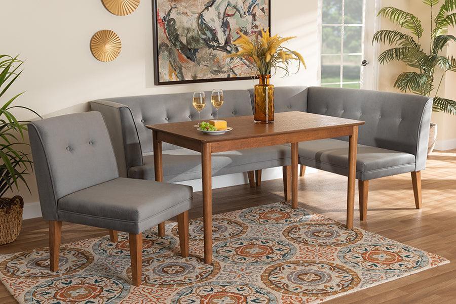 Stewart Mid-Century Modern Grey Velvet Upholstered and Walnut Brown Finished Wood 4-Piece Dining Nook Set FredCo