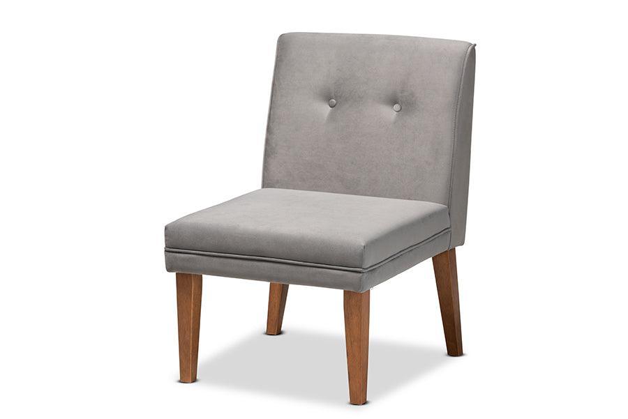 Stewart Mid-Century Modern Grey Velvet Upholstered and Walnut Brown Finished Wood 5-Piece Dining Set FredCo