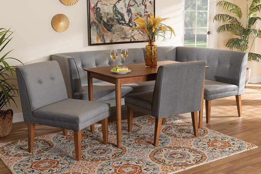 Stewart Mid-Century Modern Grey Velvet Upholstered and Walnut Brown Finished Wood 5-Piece Dining Set FredCo