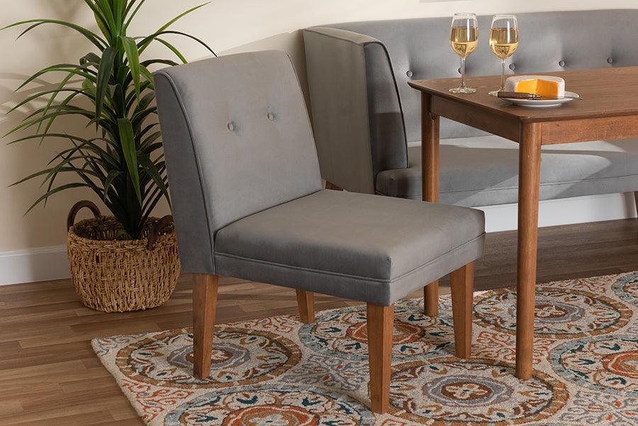 Stewart Mid-Century Modern Grey Velvet Upholstered and Walnut Brown Finished Wood Dining Chair FredCo