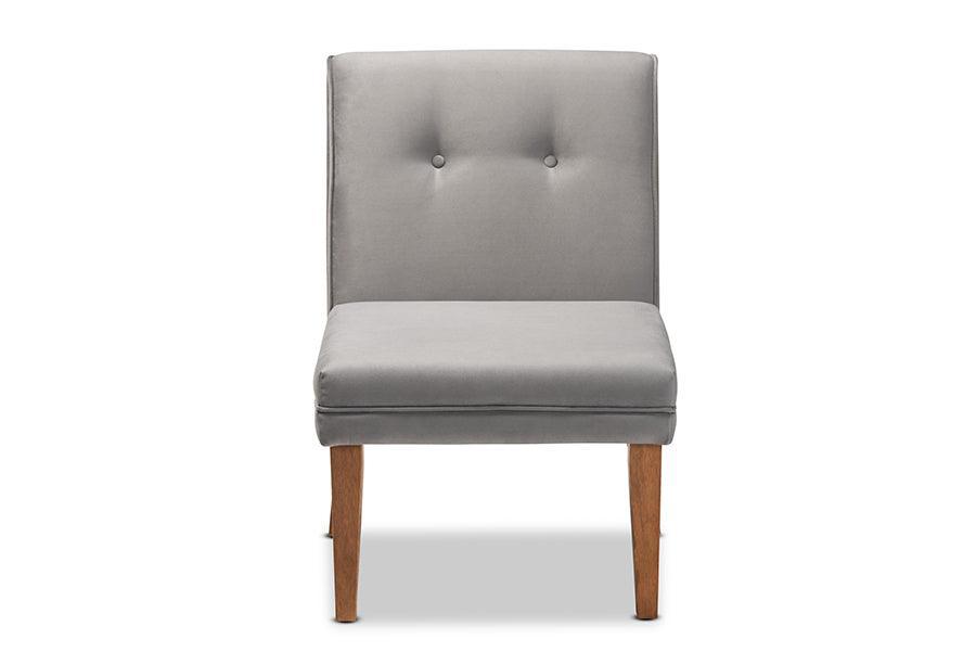 Stewart Mid-Century Modern Grey Velvet Upholstered and Walnut Brown Finished Wood Dining Chair FredCo
