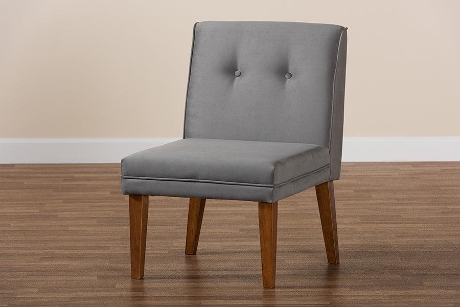 Stewart Mid-Century Modern Grey Velvet Upholstered and Walnut Brown Finished Wood Dining Chair FredCo