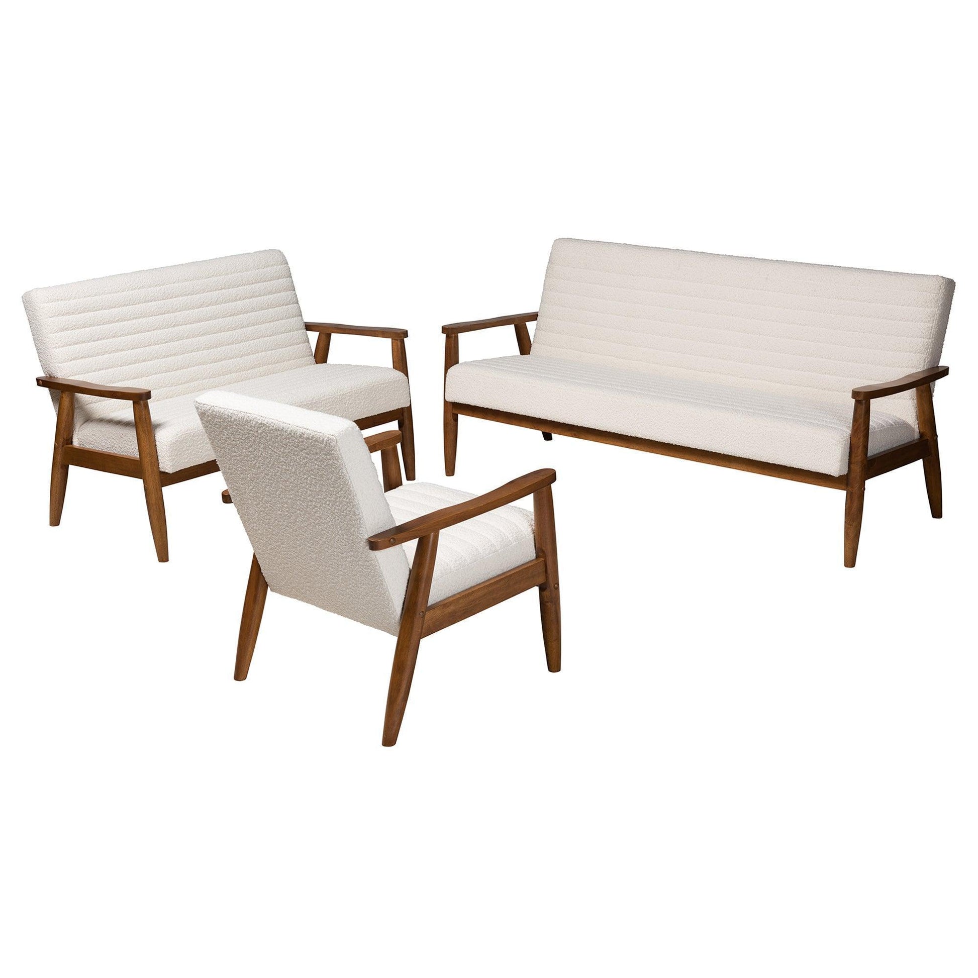 Stratton Mid-Century Modern Cream Boucle Fabric and Walnut Brown Finished Wood 3-Piece Living Room Set FredCo