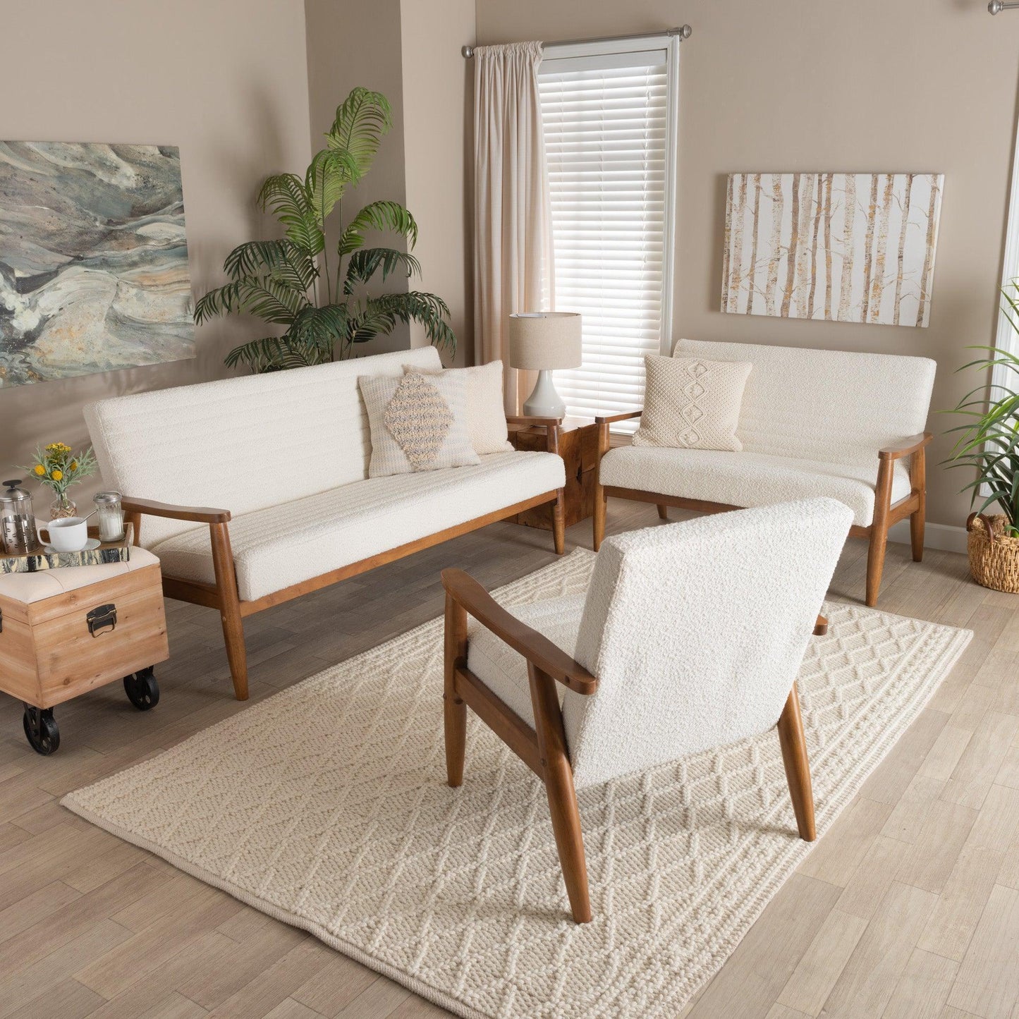 Stratton Mid-Century Modern Cream Boucle Fabric and Walnut Brown Finished Wood 3-Piece Living Room Set FredCo