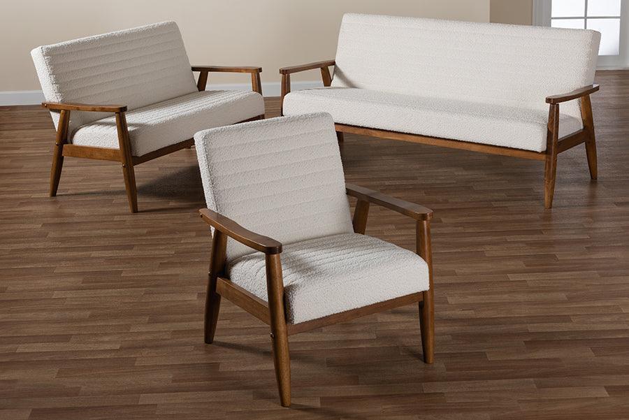 Stratton Mid-Century Modern Cream Boucle Fabric and Walnut Brown Finished Wood 3-Piece Living Room Set FredCo