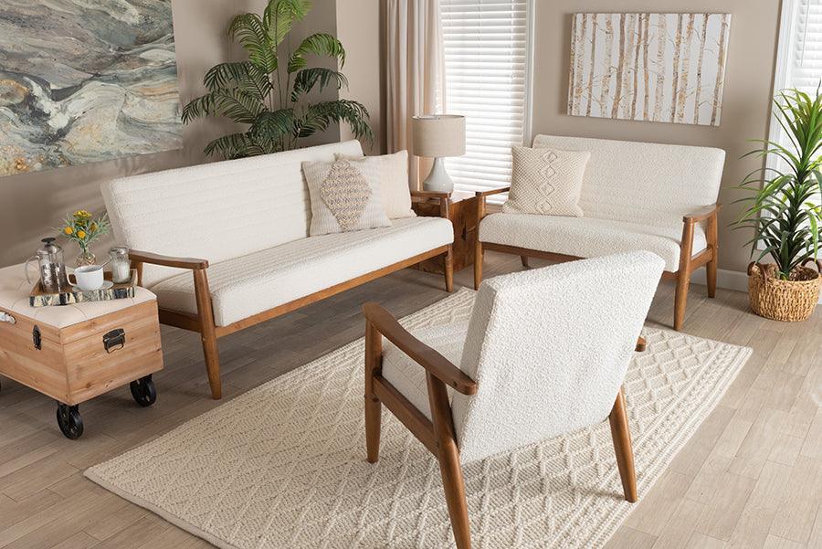 Stratton Mid-Century Modern Cream Boucle Fabric and Walnut Brown Finished Wood 3-Piece Living Room Set FredCo