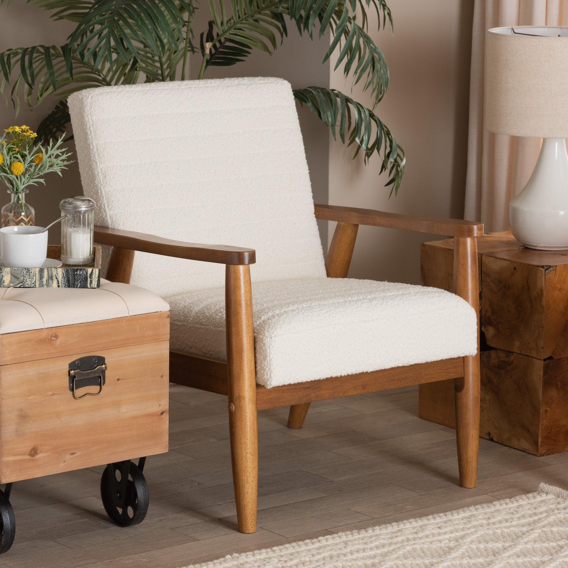 Stratton Mid-Century Modern Cream Boucle Fabric and Walnut Brown Finished Wood Armchair FredCo