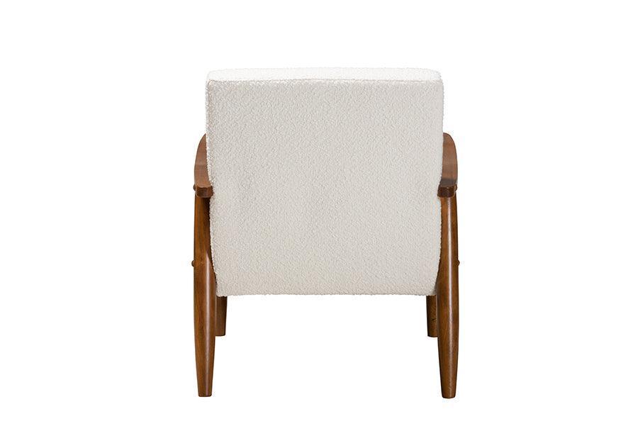 Stratton Mid-Century Modern Cream Boucle Fabric and Walnut Brown Finished Wood Armchair FredCo