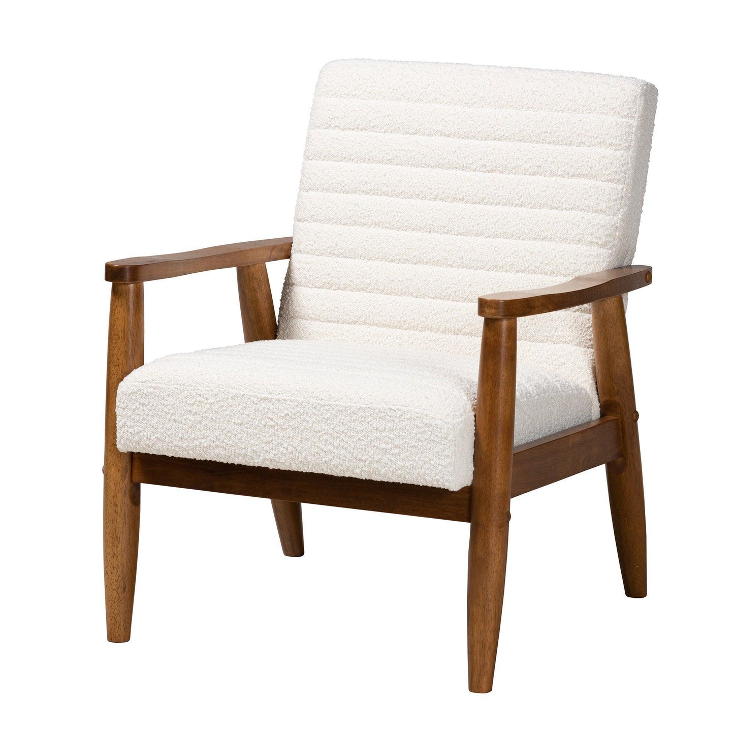 Stratton Mid-Century Modern Cream Boucle Fabric and Walnut Brown Finished Wood Armchair FredCo