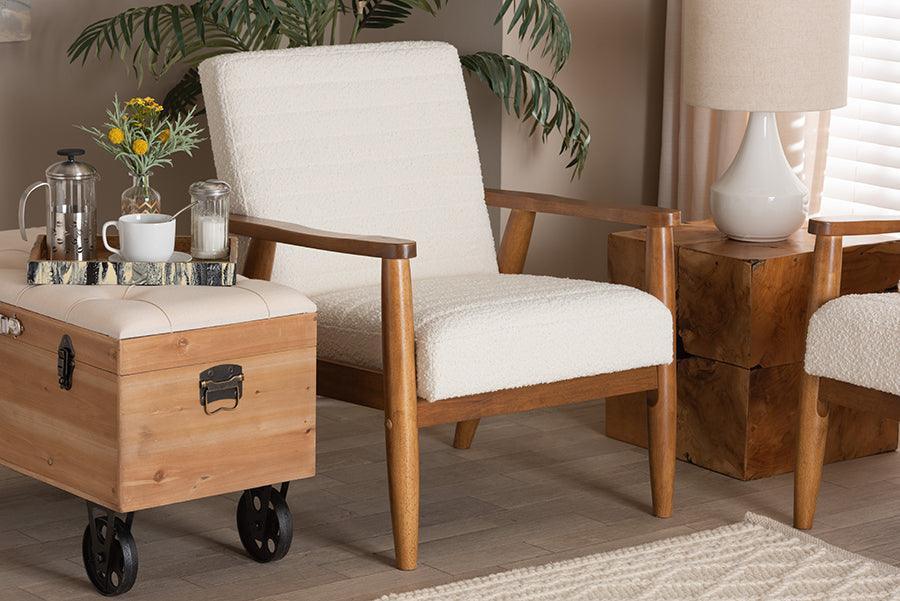 Stratton Mid-Century Modern Cream Boucle Fabric and Walnut Brown Finished Wood Armchair FredCo