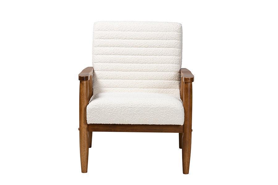 Stratton Mid-Century Modern Cream Boucle Fabric and Walnut Brown Finished Wood Armchair FredCo