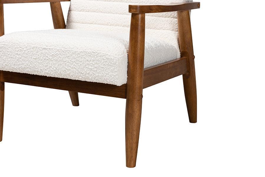 Stratton Mid-Century Modern Cream Boucle Fabric and Walnut Brown Finished Wood Armchair FredCo