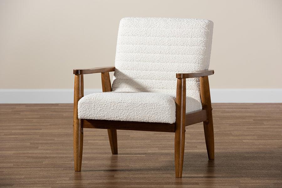 Stratton Mid-Century Modern Cream Boucle Fabric and Walnut Brown Finished Wood Armchair FredCo