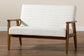 Stratton Mid-Century Modern Cream Boucle Fabric and Walnut Brown Finished Wood Loveseat FredCo