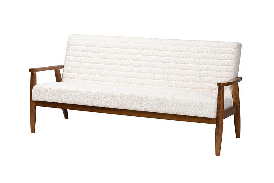 Stratton Mid-Century Modern Cream Boucle Fabric and Walnut Brown Finished Wood Sofa FredCo