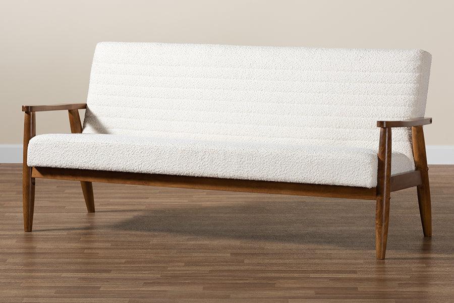 Stratton Mid-Century Modern Cream Boucle Fabric and Walnut Brown Finished Wood Sofa FredCo