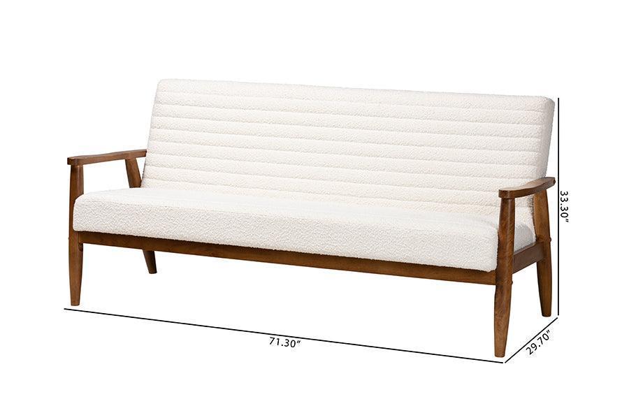 Stratton Mid-Century Modern Cream Boucle Fabric and Walnut Brown Finished Wood Sofa FredCo